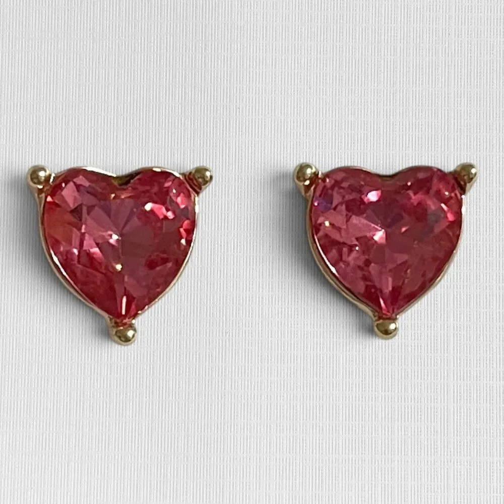 Heart Shape Rhinestone Earrings Pink Glass Gold Studs Romantic Feminine 3/8